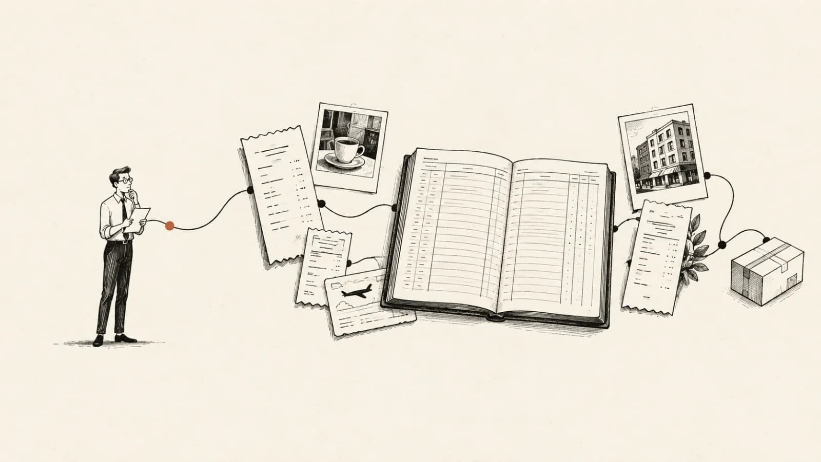 Illustrated accounting ledger linking receipts and source records