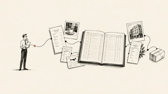 Illustrated accounting ledger linking receipts and source records